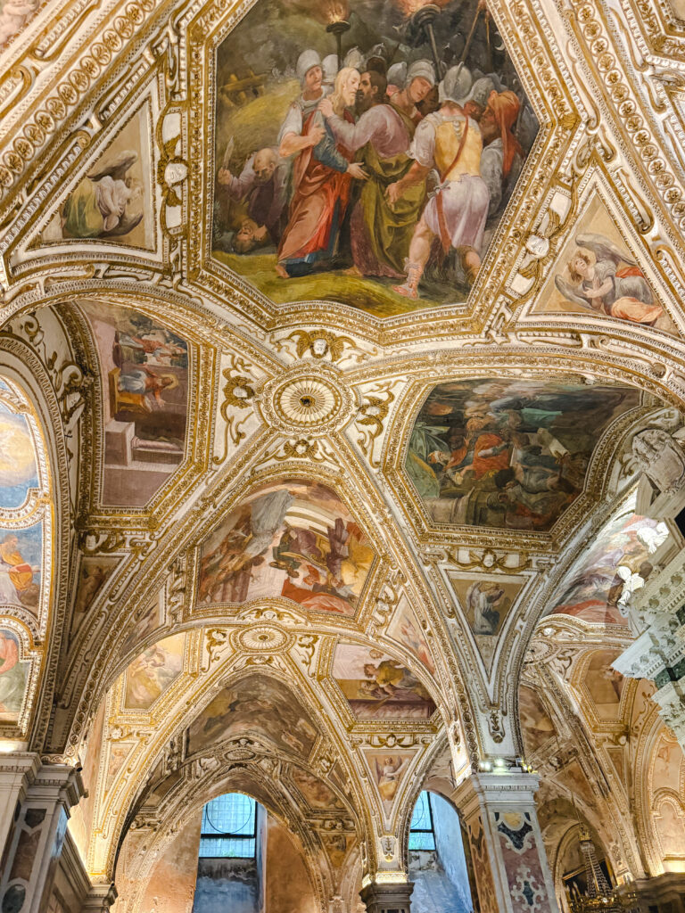 Historic painted ceiling inside a church on the Amalfi Coast