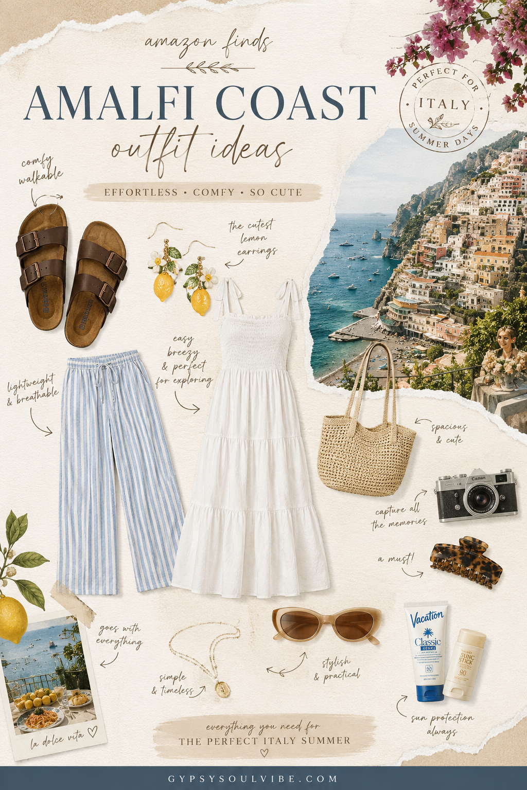 Amalfi Coast outfit ideas featuring comfortable summer clothing and accessories for Italy travel