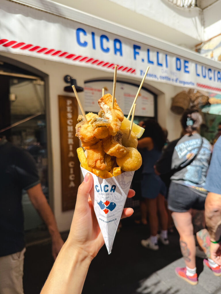 Fried seafood cone from CICA in Amalfi Italy