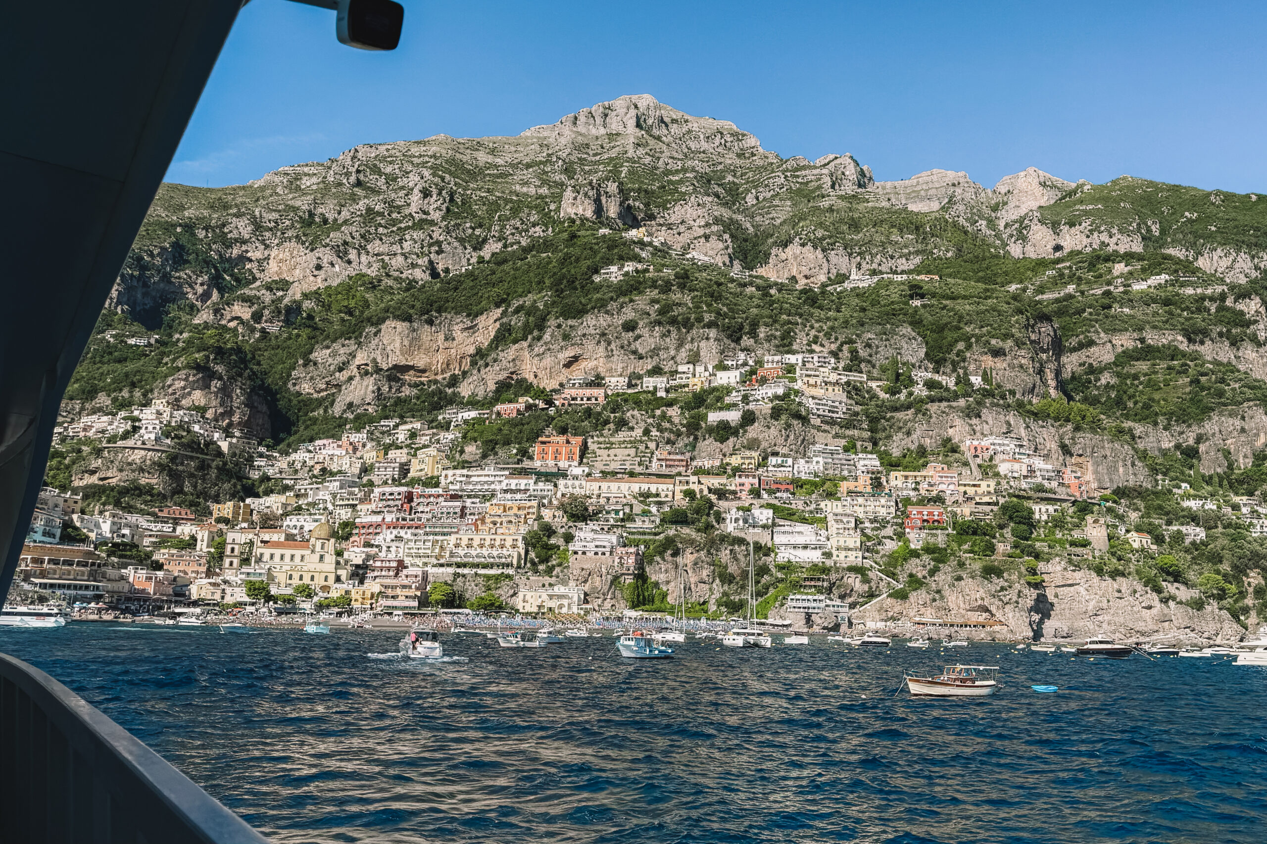 View of Positano from the ferry on the Amalfi Coast in Italy