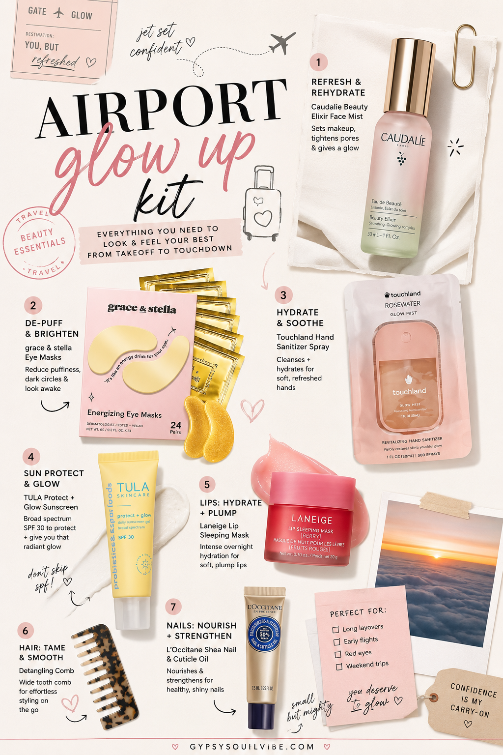 Airport glow up kit with travel beauty essentials including Caudalie Beauty Elixir, grace & stella eye masks, Touchland hand sanitizer, TULA sunscreen, Laneige lip mask, wide-tooth comb, and L'Occitane nail cream.